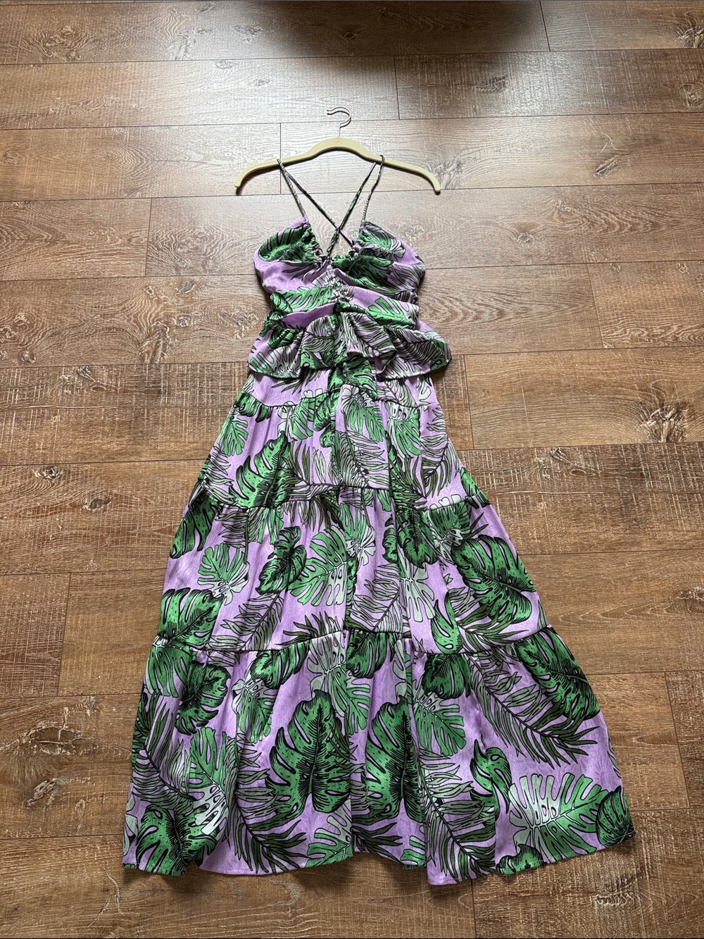 NSR Purple Maxi Dress with Green Tropical Leaf Print